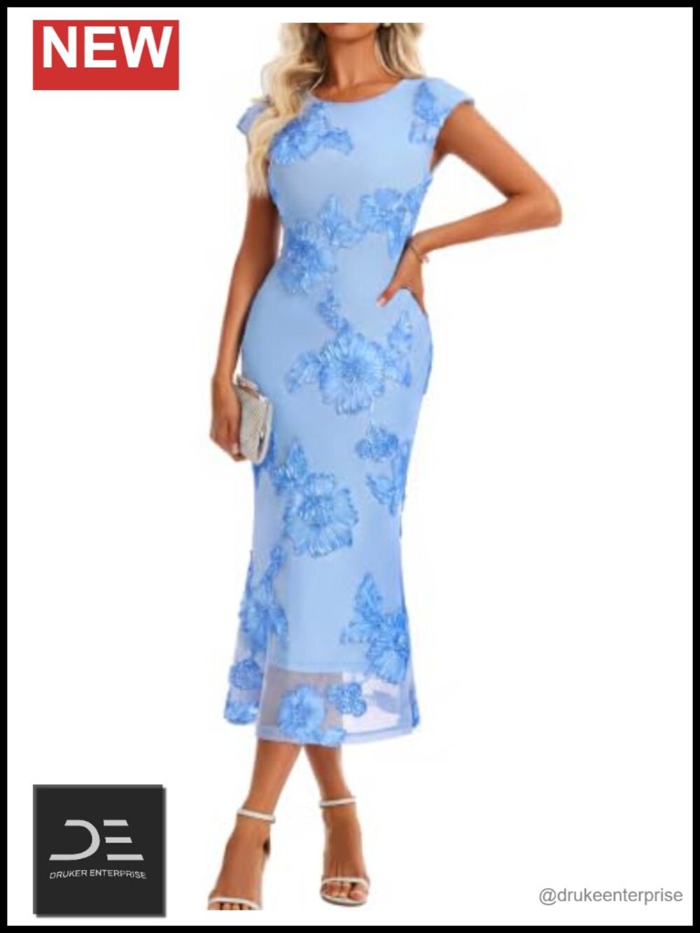 Floral Mesh Midi Bodycon Dress Cap Sleeve Crew Neck Wedding Guest Cocktail